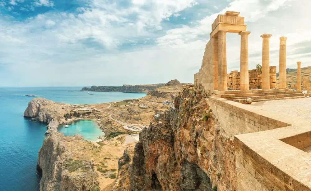 Famous tourist attraction - Acropolis of Lindos. Ancient architecture of Greece. Travel destinations of Rhodes island